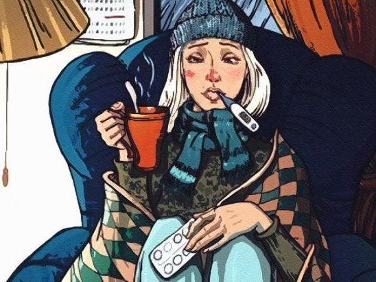 с таблетками в руке и градусником во рту